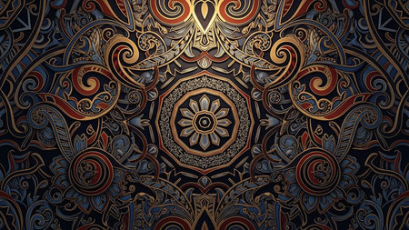 An intricate mandala pattern with ornate floral motifs in gold, red, and blue against a dark background, featuring detailed swirls and symmetrical design elements.の素材