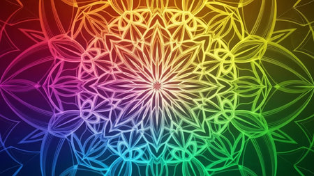 An intricate, symmetrical mandala pattern with a floral design, displaying a full spectrum of rainbow colors.の素材