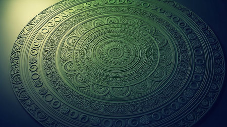 Symmetrical showing intricate green mandala pattern with deep relief and subtle lighting keywords: mandala, pattern, intricate, green, relief, embossed, circular, design, decorative,...の素材