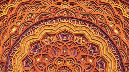 An intricate, layered mandala design in warm orange, yellow, and purple hues, featuring detailed patterns and subtle glowing accents.の素材