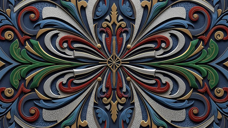 A highly detailed, symmetrical ornamental pattern with embossed metallic and colored elements against a dark blue textured background.の素材