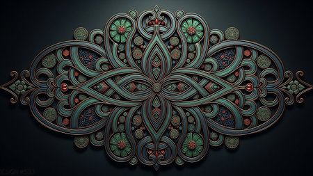 An elaborate oval decorative element with interwoven patterns in shades of green, teal, and rust red against a dark, textured background.の素材