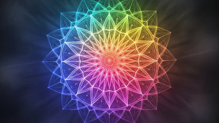 A vibrant rainbow-colored geometric mandala pattern with intricate lines and radiating light rays against a dark background.の素材
