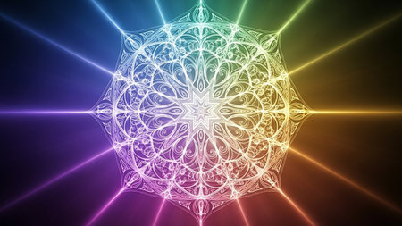 A detailed rainbow-colored mandala with intricate geometric patterns and radiating light beams against a dark background.の素材