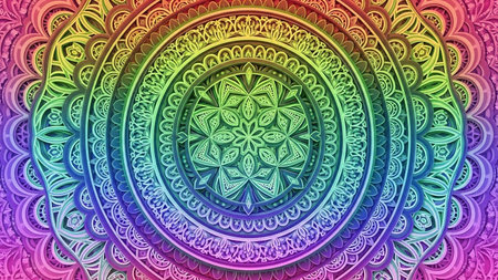 A detailed, layered mandala with intricate geometric patterns in a vibrant rainbow gradient, creating a symmetrical and ornamental design.の素材