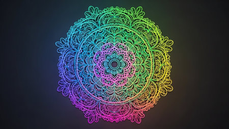 A detailed, colorful rainbow mandala with intricate geometric patterns is displayed against a dark, textured background.の素材