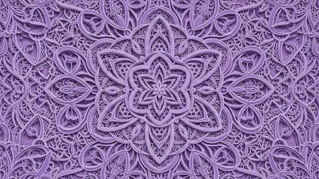 An intricate, layered mandala pattern in a soft purple hue features delicate floral and geometric lace-like details.の素材