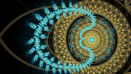 An abstract fractal composition featuring a golden geometric spiral with a luminous turquoise vine winding through it against a dark background.の素材