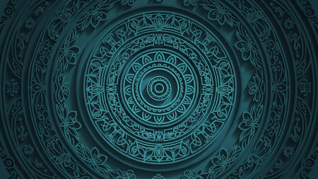 An intricate teal mandala pattern featuring layered circular designs with subtle shadow effects, creating a sense of depth and symmetry.の素材