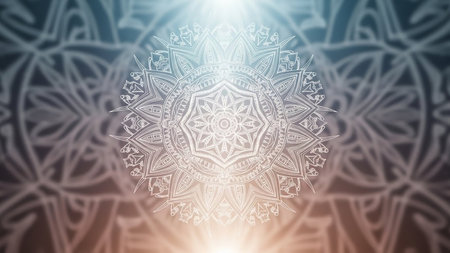 A detailed white mandala design with intricate geometric patterns against a soft blue and orange gradient background with bright light rays emanating from the top and bottom.の素材