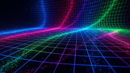 A futuristic neon grid landscape with colorful glowing particles in blue, pink, and green against a dark background.の素材
