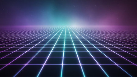 A retrofuturistic digital landscape with a glowing neon grid stretching to the horizon under a starry purple and teal sky.の素材