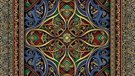 An ornate decorative border featuring intricate geometric patterns in red, blue, green, and gold, showcasing detailed symmetrical motifs.の素材