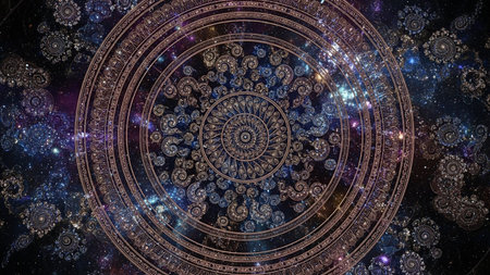 An ornate golden mandala with intricate swirling patterns set against a dark cosmic galaxy background filled with stars and nebulae.の素材