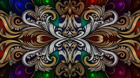 A highly detailed symmetrical pattern featuring ornate swirling motifs in metallic gold, silver, and rich jewel tones of red, green, blue, and purple.の素材