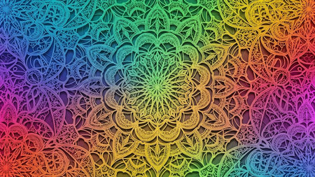 A vibrant, rainbow-colored mandala pattern with intricate, layered geometric designs and a subtle shadow effect.の素材