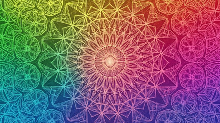 Symmetrical showing rainbow mandala pattern with intricate geometric designs and textured background keywords: mandala, pattern, rainbow, geometric, intricate, symmetrical, design, art,...の素材