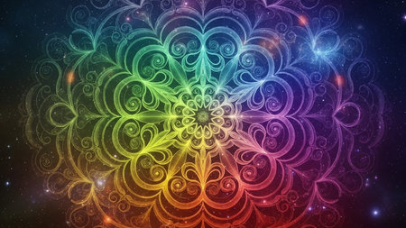 A vibrant rainbow colored mandala pattern with intricate floral and geometric designs set against a dark starry galaxy background with glowing lights.の素材