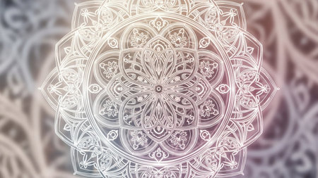 A delicate white mandala outline with a soft, blurred gradient background and a gentle luminous glow.の素材