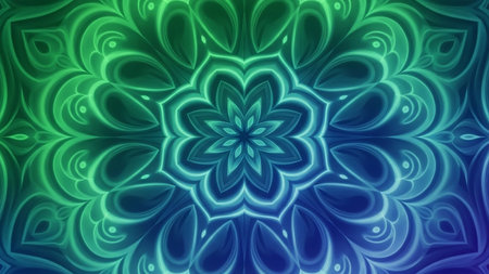 A vibrant, symmetrical mandala pattern with glowing neon outlines in shades of green and blue, set against a dark background.の素材