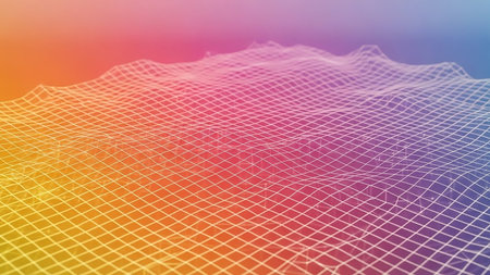 A wireframe landscape grid creates a 3D surface over a vibrant gradient background transitioning from pink to orange and yellow.の素材