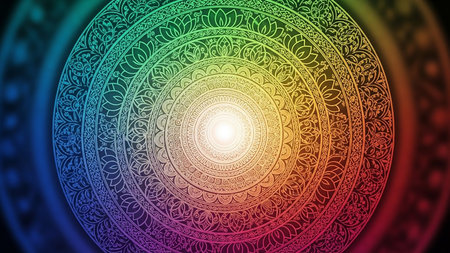 A vibrant rainbow-colored mandala with intricate circular patterns and a bright, glowing center, radiating outwards in concentric rings.の素材