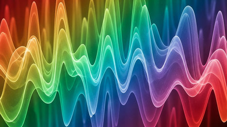 A vibrant abstract visualization of a sound wave or frequency spectrum, depicted with glowing translucent lines in a rainbow of colors.の素材