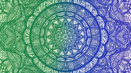 A symmetrical mandala rendered in intricate line art, featuring a gradient transition from green on the left to blue on the right, against a white background.の素材