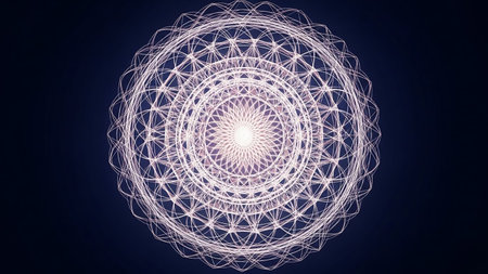 A luminous white geometric mandala pattern with intricate concentric circles and radial lines, set against a dark blue background, creating a sense of cosmic or spiritual energy.の素材