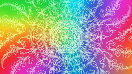 A white, intricate mandala with floral elements is centered on a vibrant rainbow gradient background, creating a colorful, symmetrical design.の素材