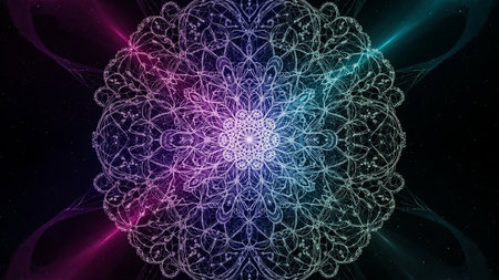A detailed white mandala with intricate geometric patterns is set against a dark, starry background with streaks of pink and teal light.の素材