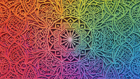 A layered mandala design with intricate cutouts and a vibrant rainbow gradient, showcasing detailed geometric and ornamental elements.の素材
