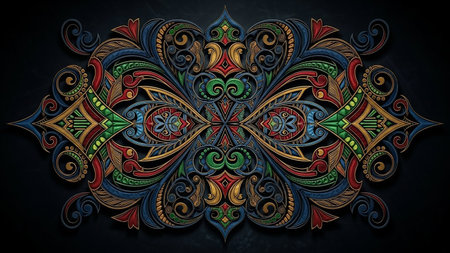 Gold showing ornate symmetrical decorative emblem with colorful intricate swirls and patterns keywords: ornate, decorative, emblem, symmetrical, intricate, colorful, design, pattern,...の素材