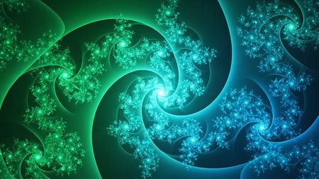 Swirling fractal patterns in glowing green and blue hues create an abstract, organic design against a dark background.の素材