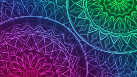 Two overlapping mandalas with intricate geometric patterns are rendered with a vibrant gradient transitioning from pink to green, outlined in neon light.の素材