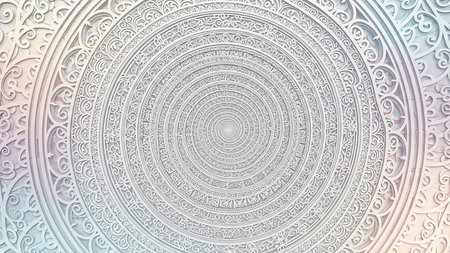 A white circular pattern with an infinite spiral effect, featuring intricate ornamental details and a symmetrical, repeating design.の素材