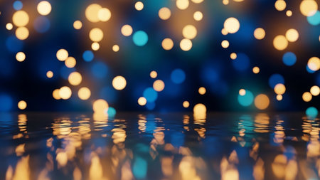 Soft, glowing bokeh lights in shades of yellow, blue, and orange are reflected on a rippling water surface, creating an abstract and atmospheric background.の素材