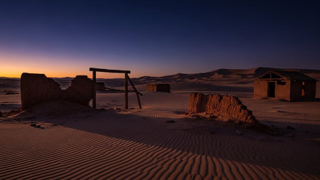 Abandoned brick ruins and a wooden frame stand in a desert landscape with rippled sand dunes at dusk, under a darkening sky.の素材