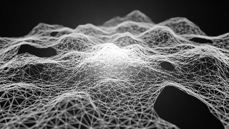 An abstract wireframe landscape with a geometric network pattern of white lines and nodes against a dark, blurred background.の素材