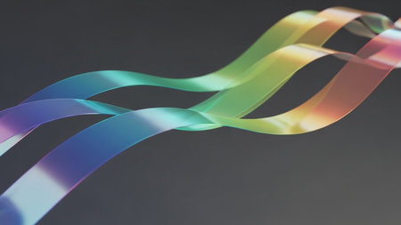 Translucent, rainbow-colored ribbons gracefully wave and overlap against a smooth, dark gray background, creating an abstract visual.の素材