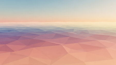 An abstract low poly landscape with a pastel gradient sky and softly colored geometric terrain. Clear details and vibrant colors enhance visual appeal.の素材