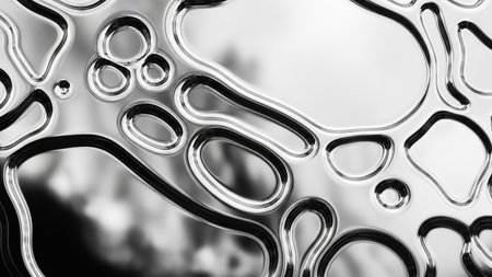 A close-up abstract view of a metallic liquid surface with flowing organic shapes and reflective highlights creating a dynamic texture.の素材