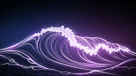 An abstract illustration of a wave formed by glowing neon purple and white lines against a dark, gradient background.の素材