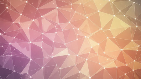 An abstract geometric network pattern featuring interconnected glowing dots and polygonal shapes in a gradient of pink, purple, orange, and yellow hues.の素材