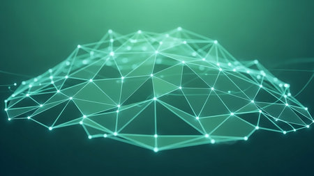 An abstract 3D rendering of a glowing green geometric network formed by interconnected dots and lines against a dark background.の素材
