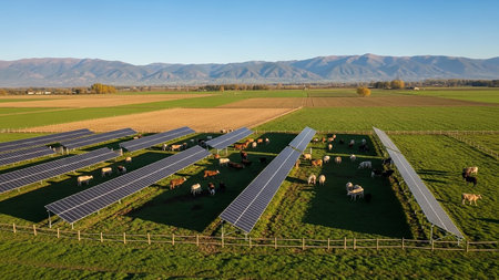 An aerial view shows solar panels arranged in a field where cows are grazing. Mountains and agricultural fields are visible in the background under a clear blue sky.の素材