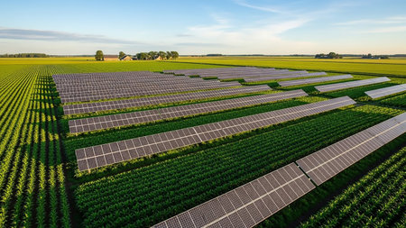 An aerial perspective reveals a massive solar farm laid out in rows amongst vibrant green crops, stretching across a rural landscape under a bright sunny sky.の素材