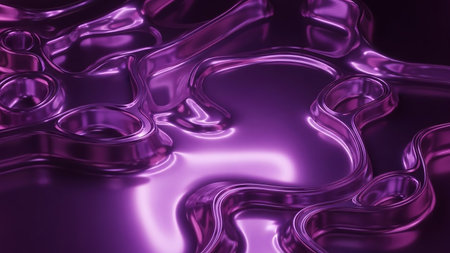 A close-up view of swirling metallic purple liquid with highly reflective surfaces and a soft neon glow, creating an abstract and fluid texture.の素材