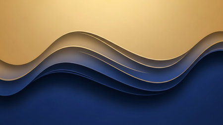 An abstract background features elegant, swirling waves of gold and deep blue with subtle shadows creating a sense of depth.の素材