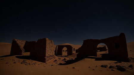 Ancient stone ruins stand silhouetted against a dark starry night sky, with moonlight illuminating the surrounding sand dunes and casting long shadows.の素材